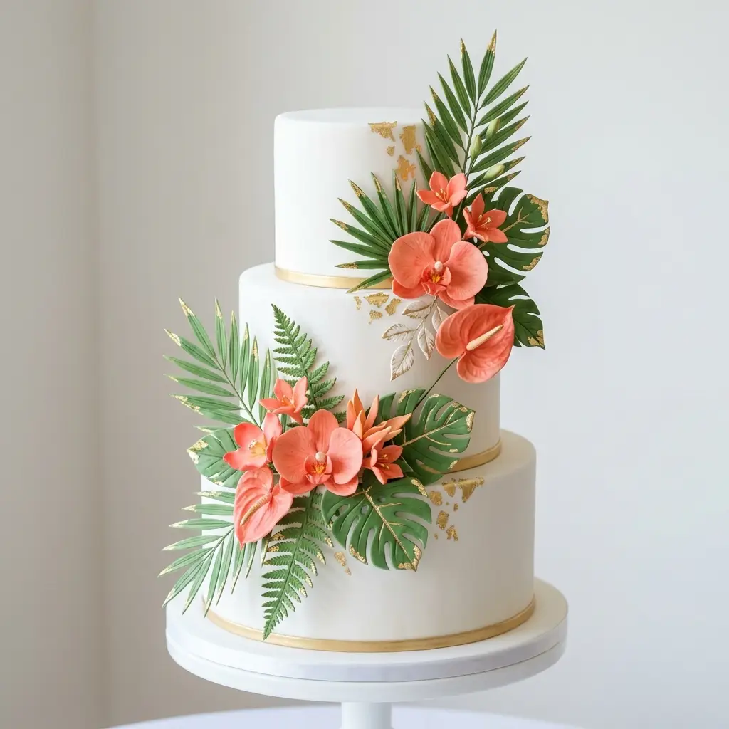 Coral Orchid and Anthurium Tropical - Wedding Cake Ideas