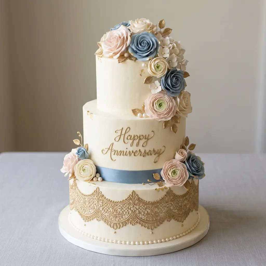 Dusty Blue and Blush Rose Cake - Wedding Anniversary Cake Ideas