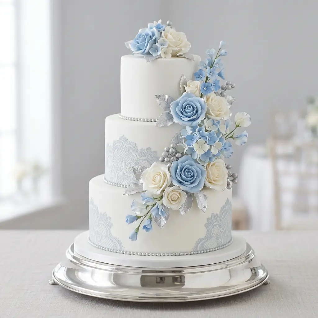 Dusty Blue and Silver Florals - Wedding Cake Ideas