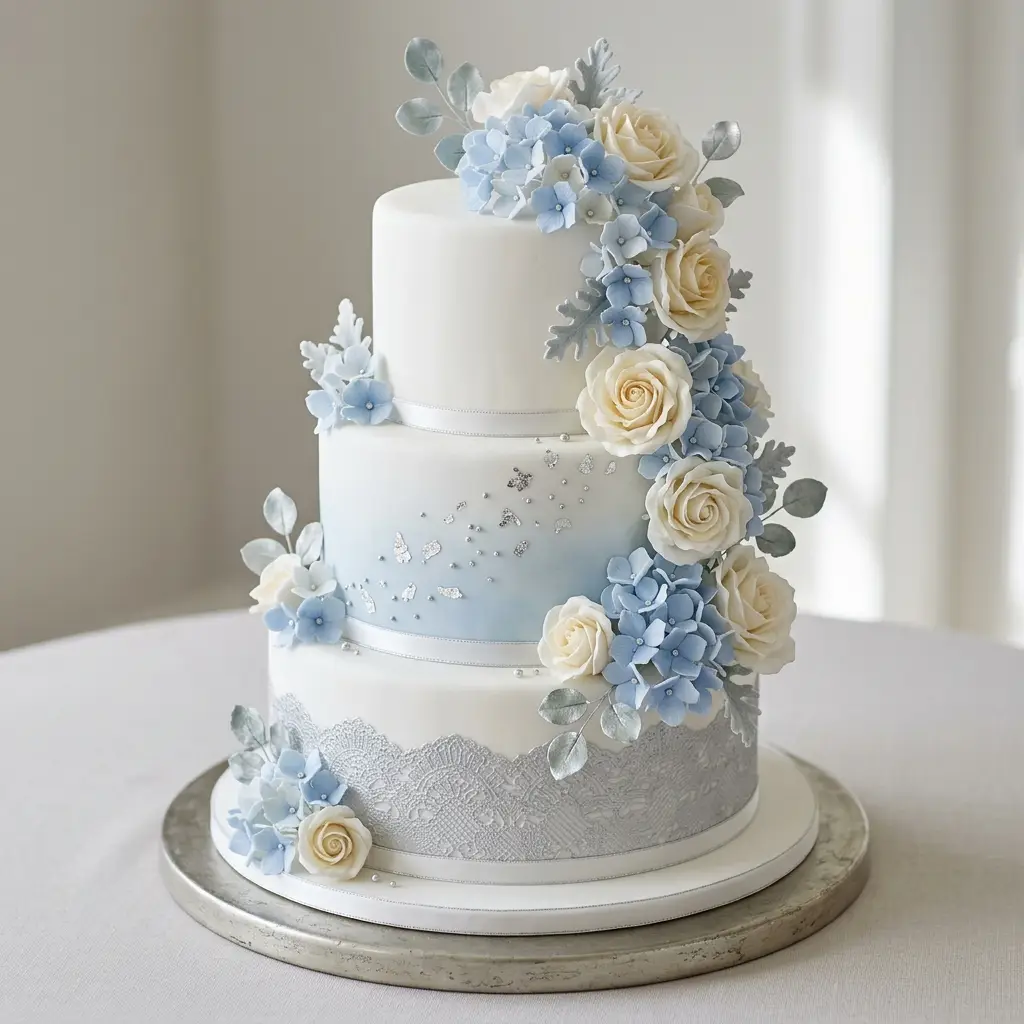 Dusty Blue Hydrangea Cascade - Wedding Cake Ideas