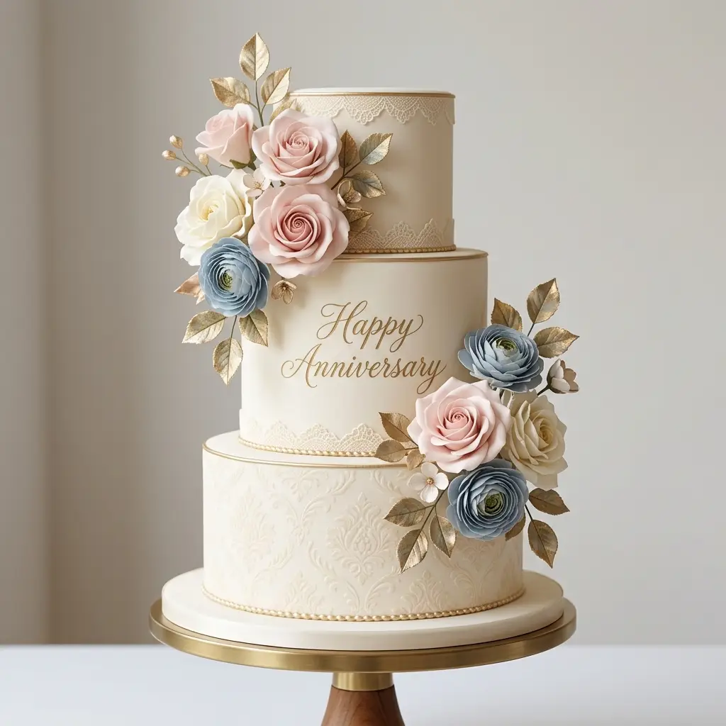 Dusty Blue Rose Damask Cake - Wedding Anniversary Cake Ideas