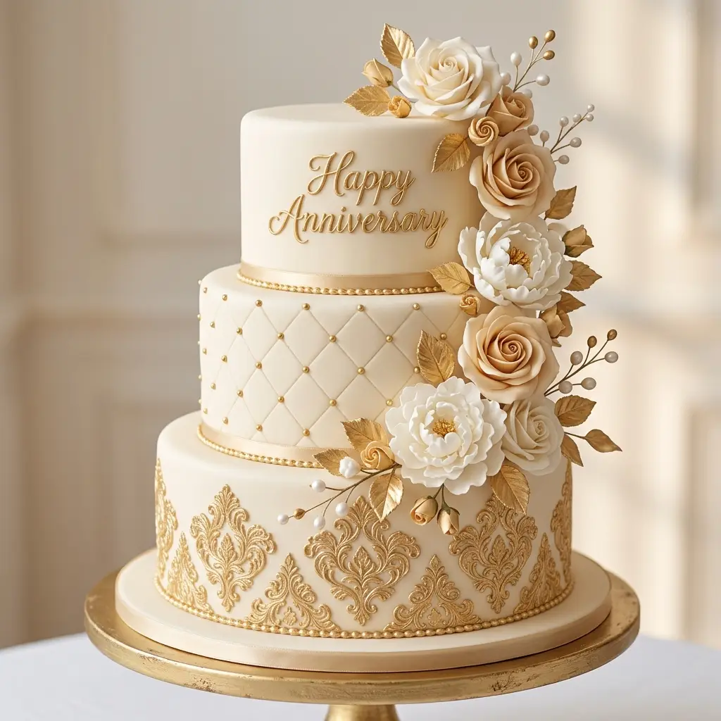 Gold Damask Rose Cake - Wedding Anniversary Cake Ideas