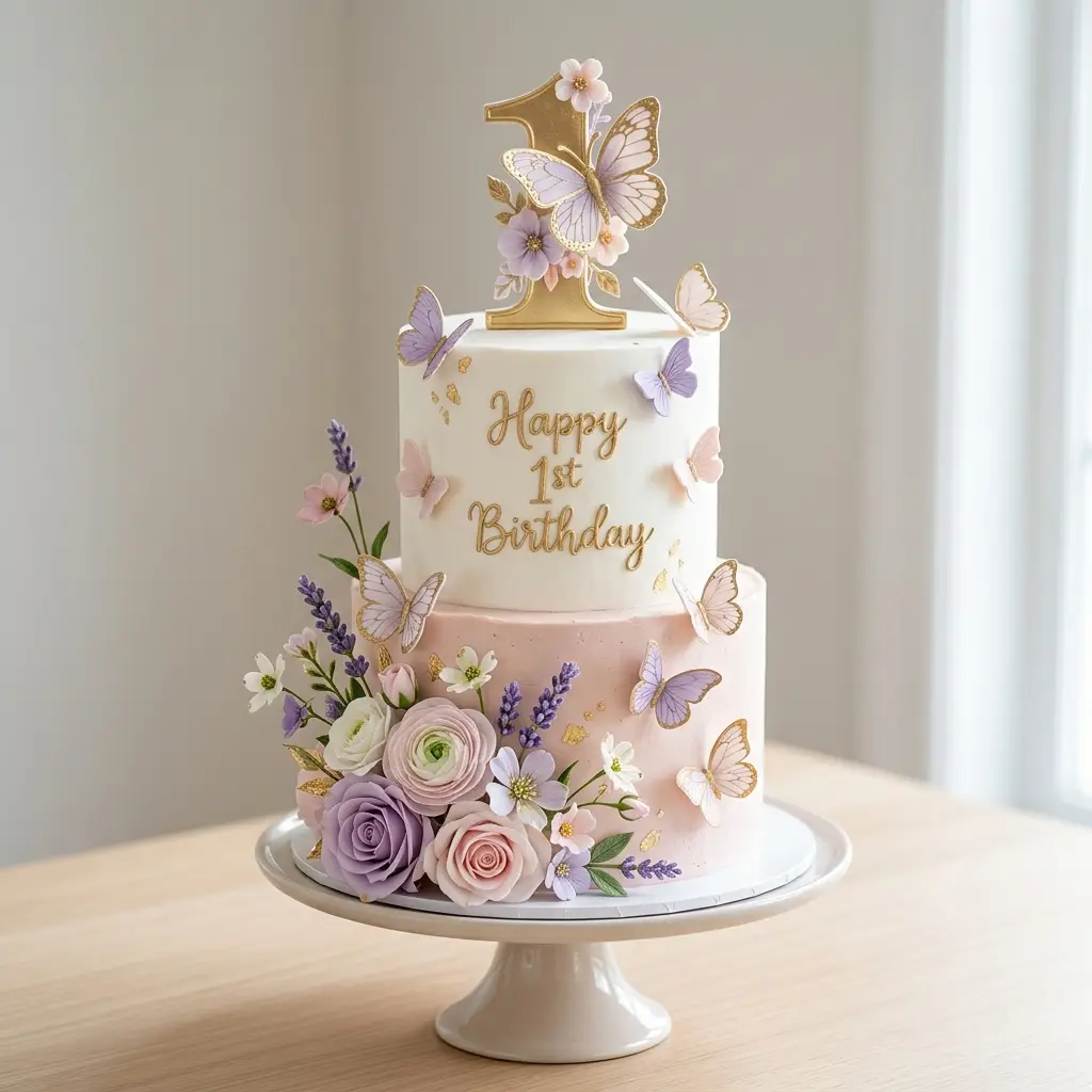 Golden Butterfly Floral Cake - Birthday Cake Ideas For 1 Year Old Girls