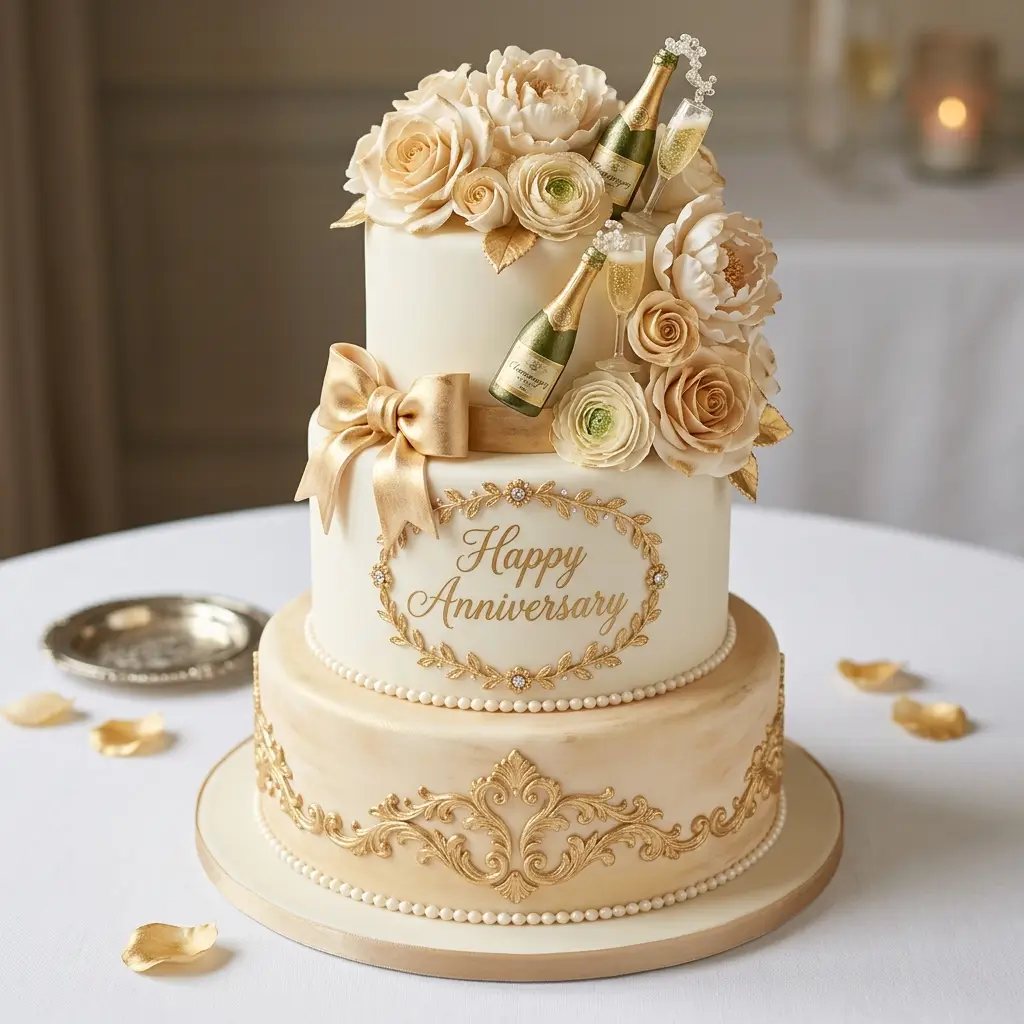 Golden Champagne Bow Cake - Wedding Anniversary Cake Ideas