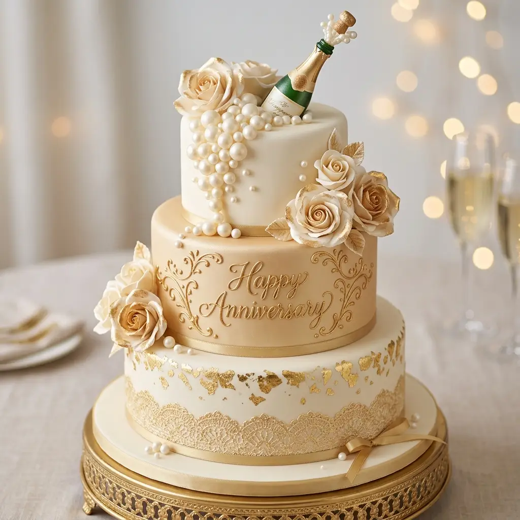 Golden Champagne Pearl Cake - Wedding Anniversary Cake Ideas