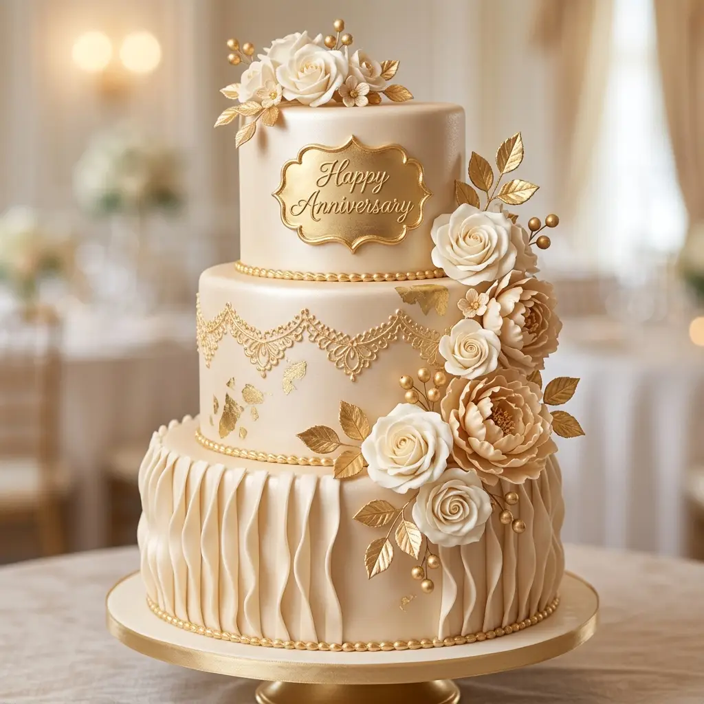 Golden Ruffle Rose Cake - Wedding Anniversary Cake Ideas