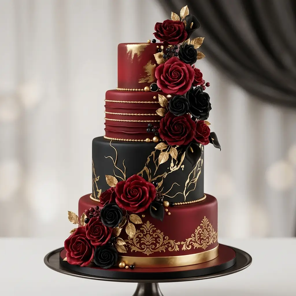 Gothic Glam Burgundy Roses - Wedding Cake Ideas