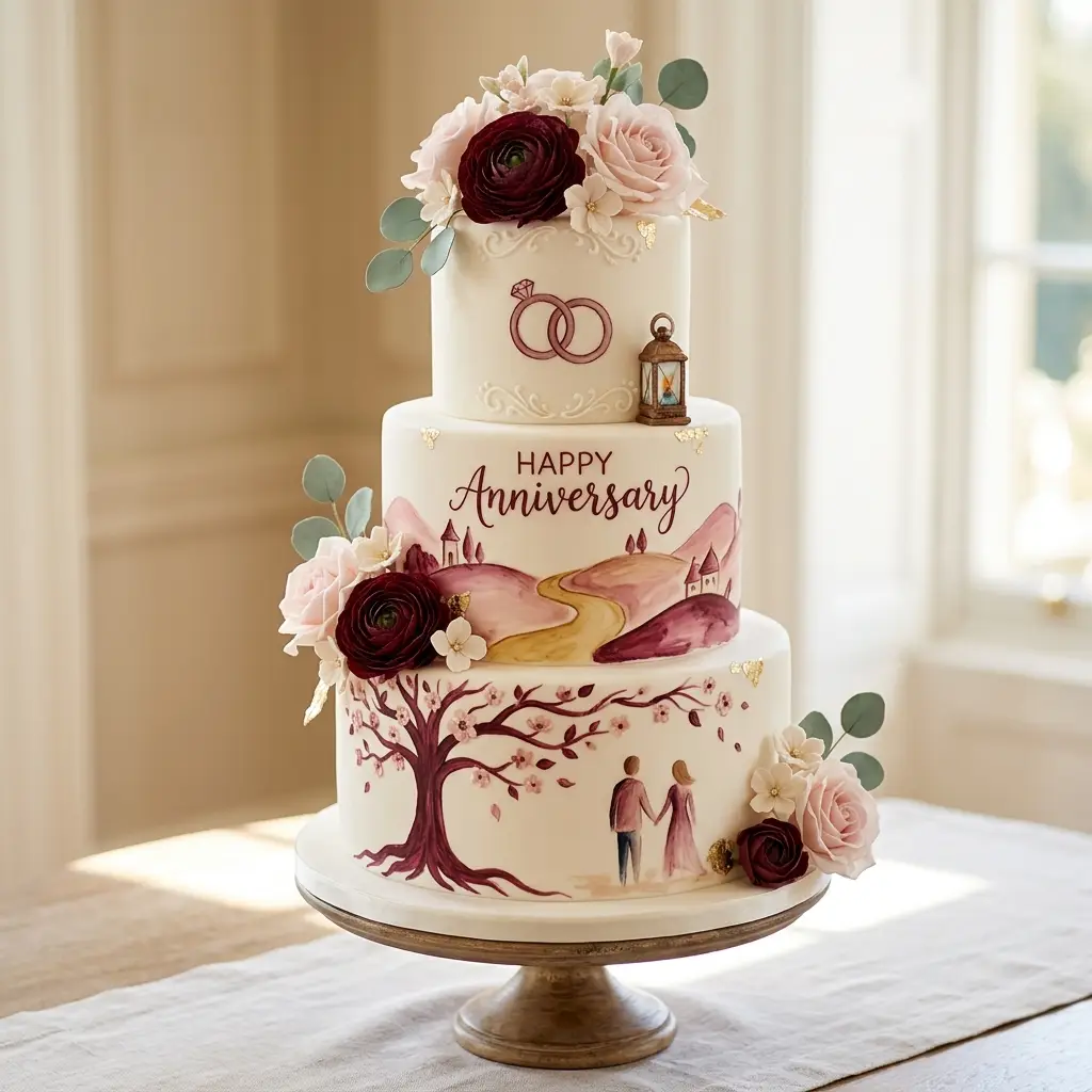 Hand-Painted Love Story Cake - Wedding Anniversary Cake Ideas
