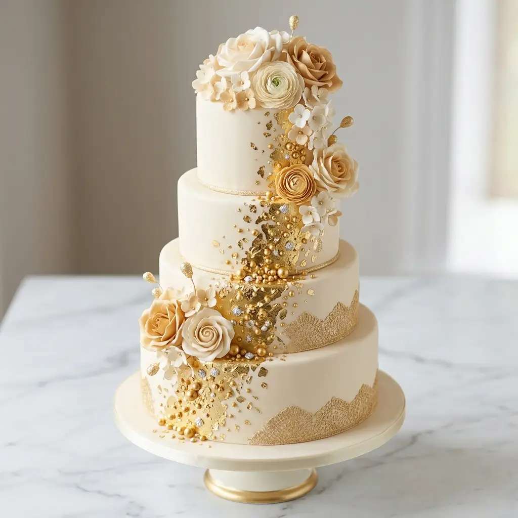 Ivory and Gold Flake Romance - Wedding Cake Ideas
