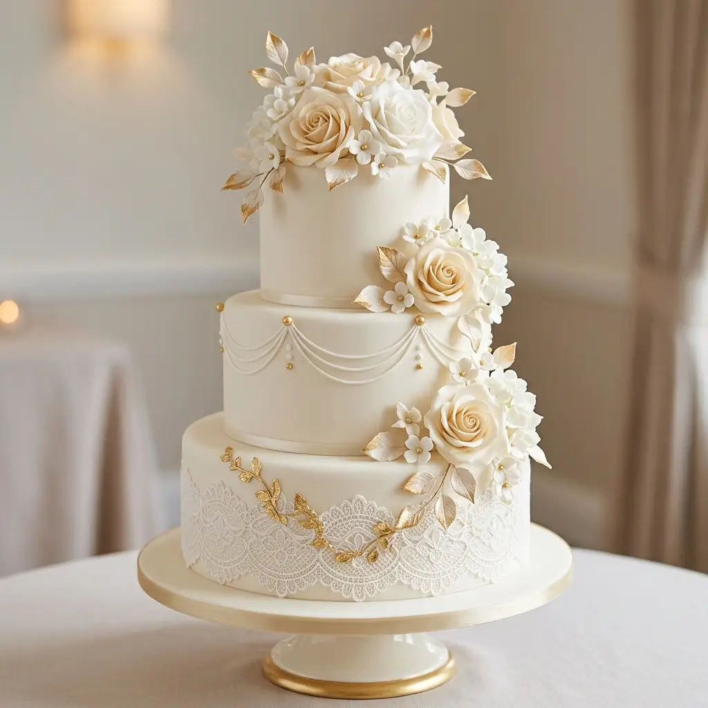 Ivory and Gold Lace Elegance - Wedding Cake Ideas