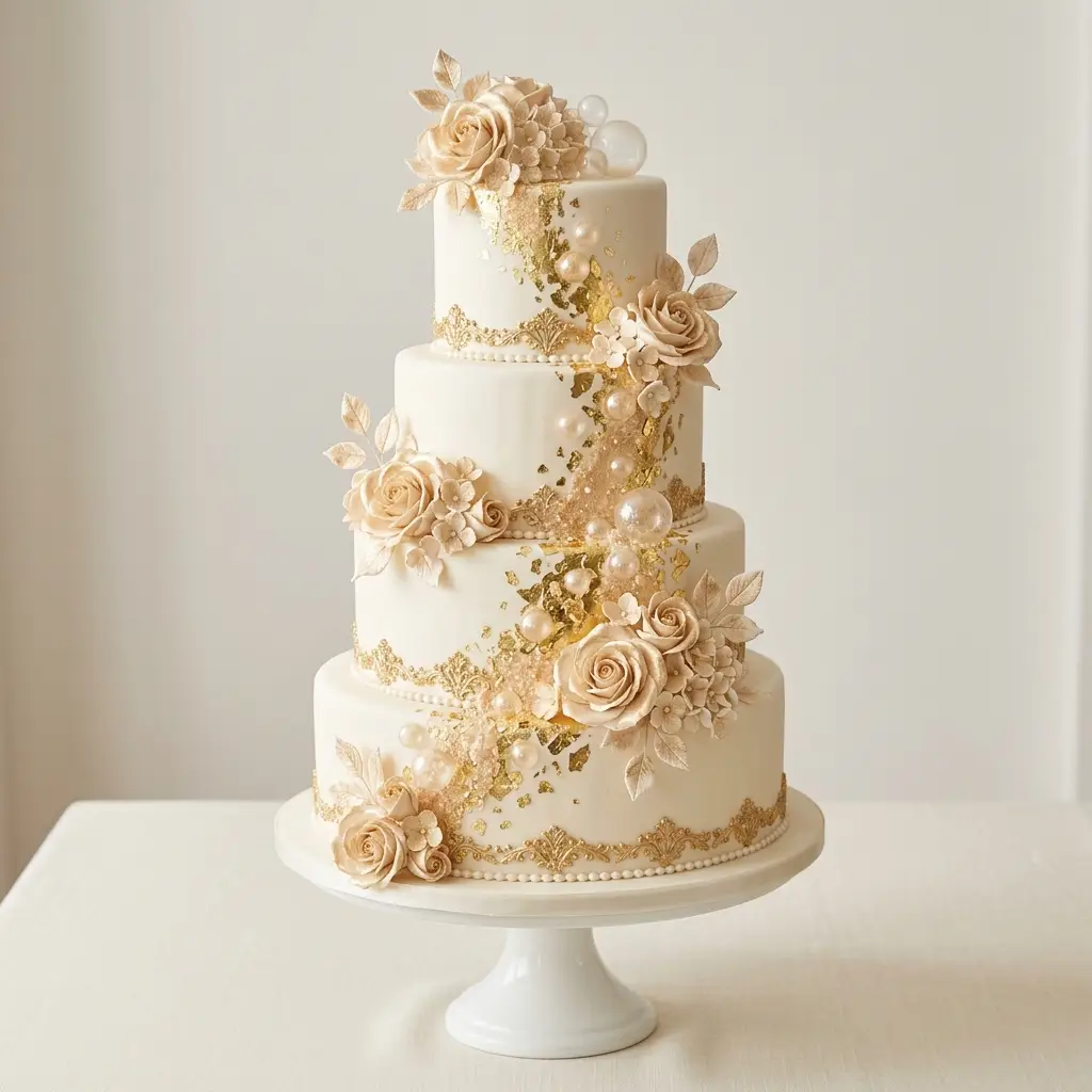 Ivory, Gold and Pearl Luxe - Wedding Cake Ideas