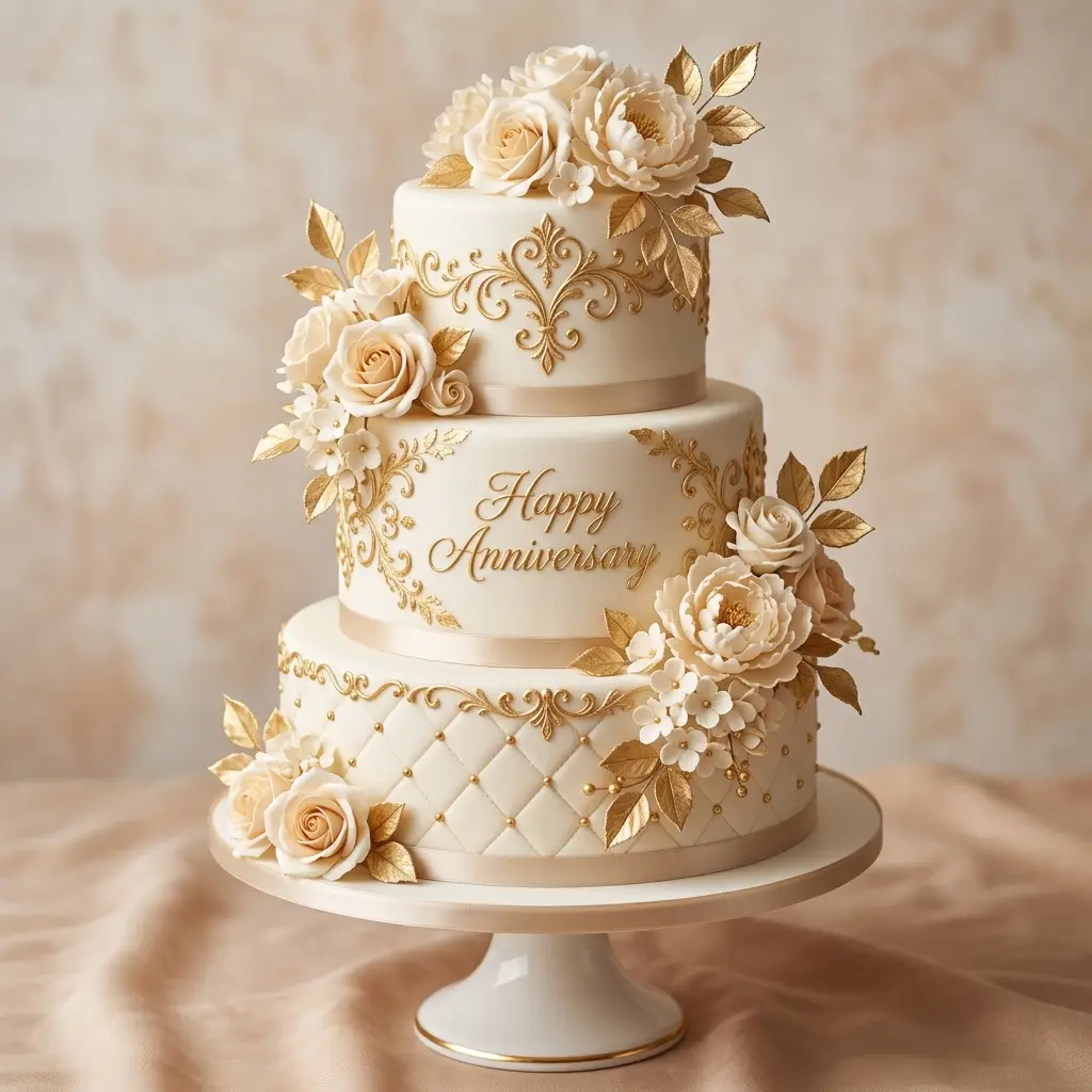 Ivory Gold Filigree Cake - Wedding Anniversary Cake Ideas