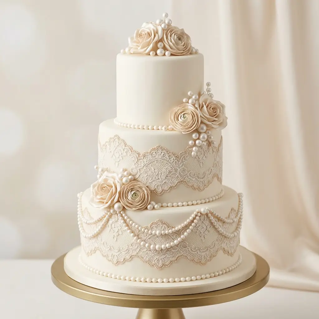 Ivory Lace and Pearl Roses - Wedding Cake Ideas