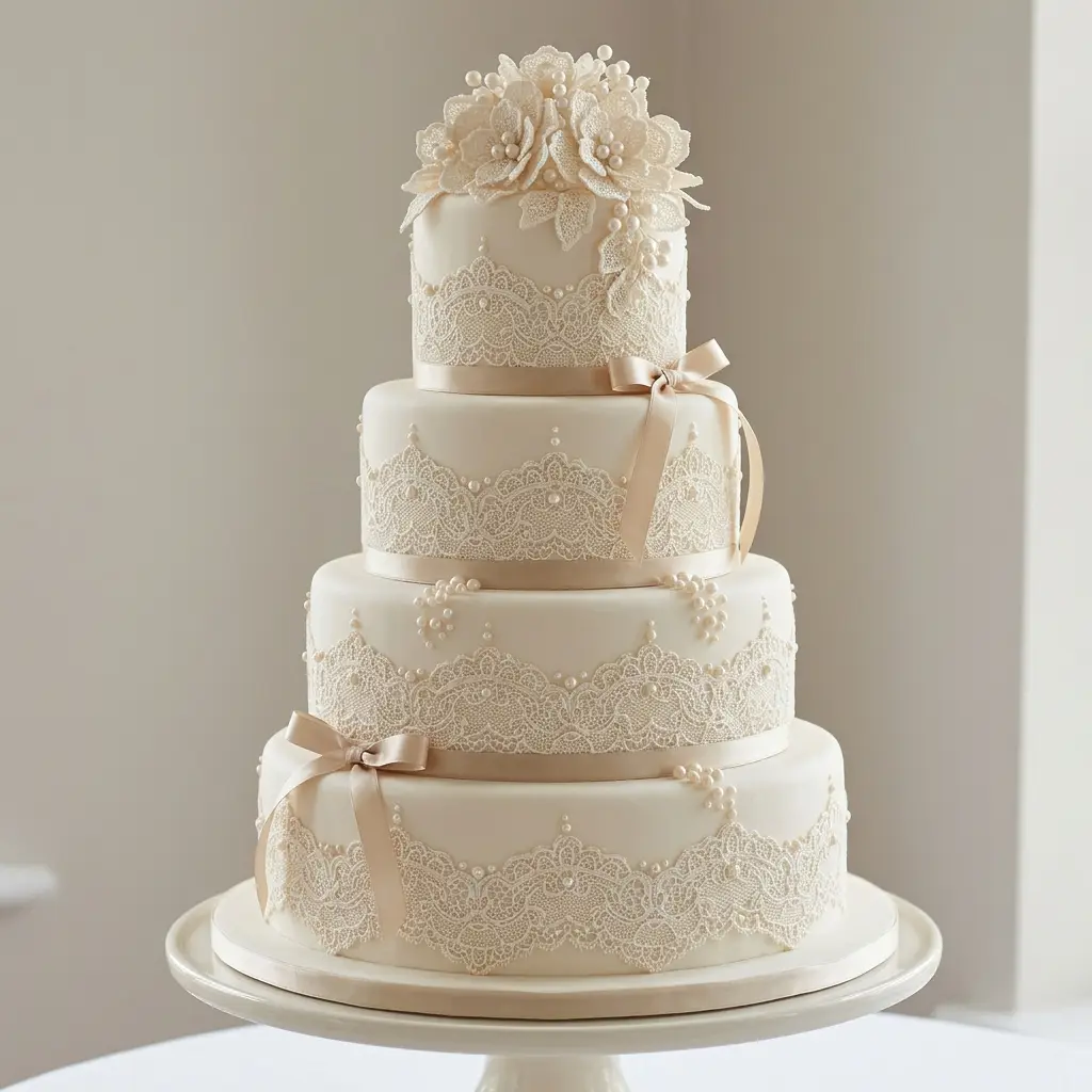 Ivory Lace with Satin Bows - Wedding Cake Ideas