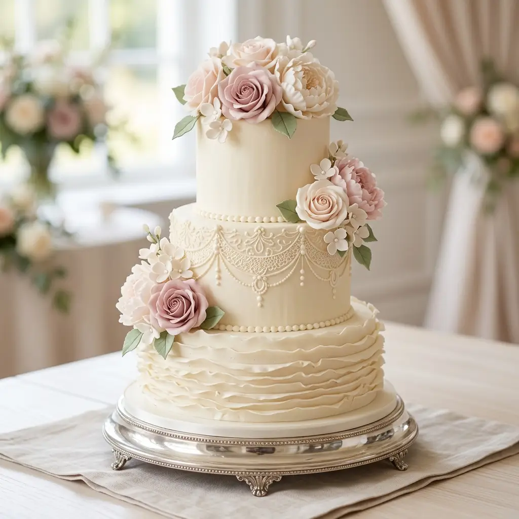 Ivory Ruffle and Blush Roses - Wedding Cake Ideas