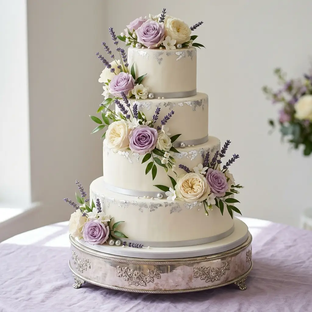 Lavender Rose and Silver Leaf - Wedding Cake Ideas