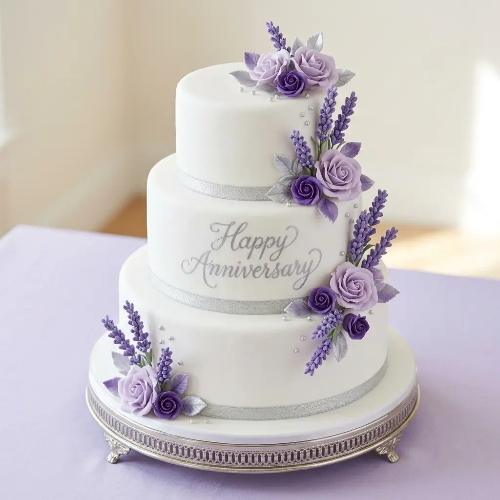 Lavender Rose and Silver Ribbon Cake - Wedding Anniversary Cake Ideas