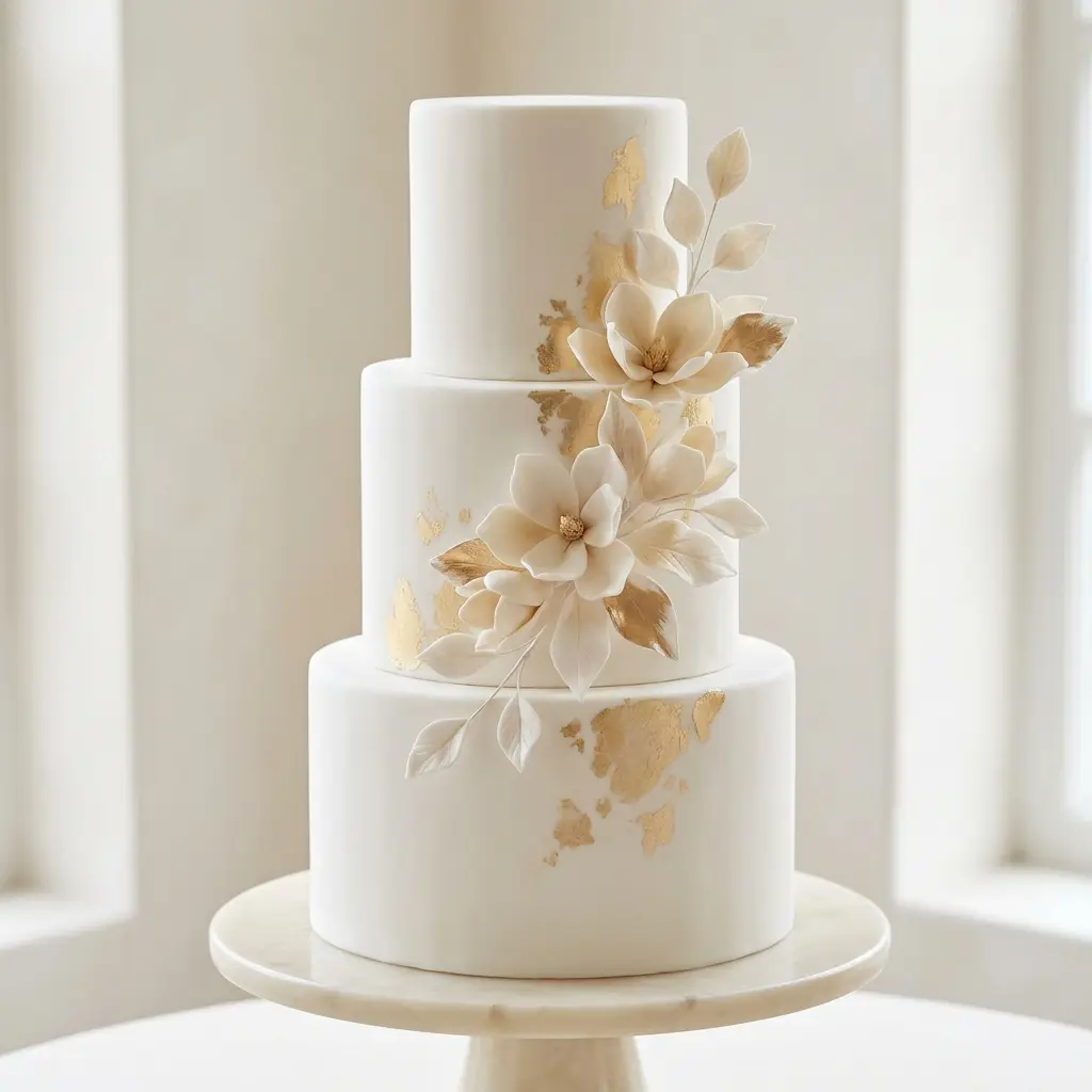 Minimalist Magnolia and Gold Leaf - Wedding Cake Ideas