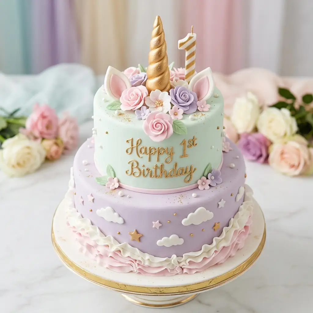 Mint Unicorn Floral Cake - Birthday Cake Ideas For 1 Year Old Girls