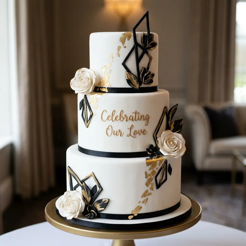 Modern Geometric Black and Gold Cake - Wedding Anniversary Cake Ideas