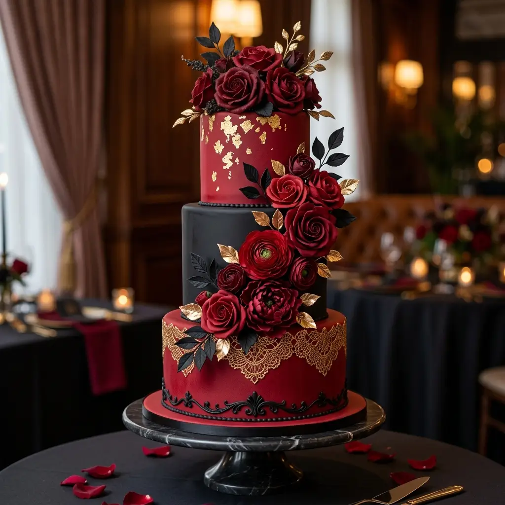 Moody Red and Black Roses - Wedding Cake Ideas
