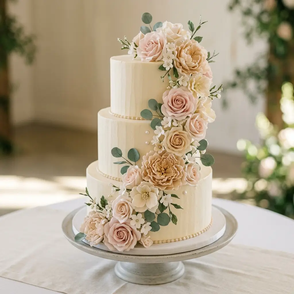 Peach Rose Buttercream Cascade - Wedding Cake Ideas