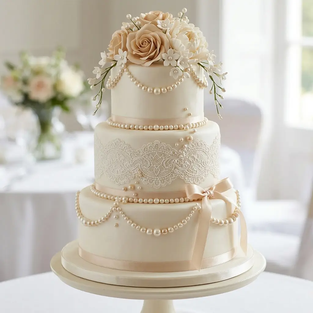 Pearl Swag and Ribbon Bow - Wedding Cake Ideas