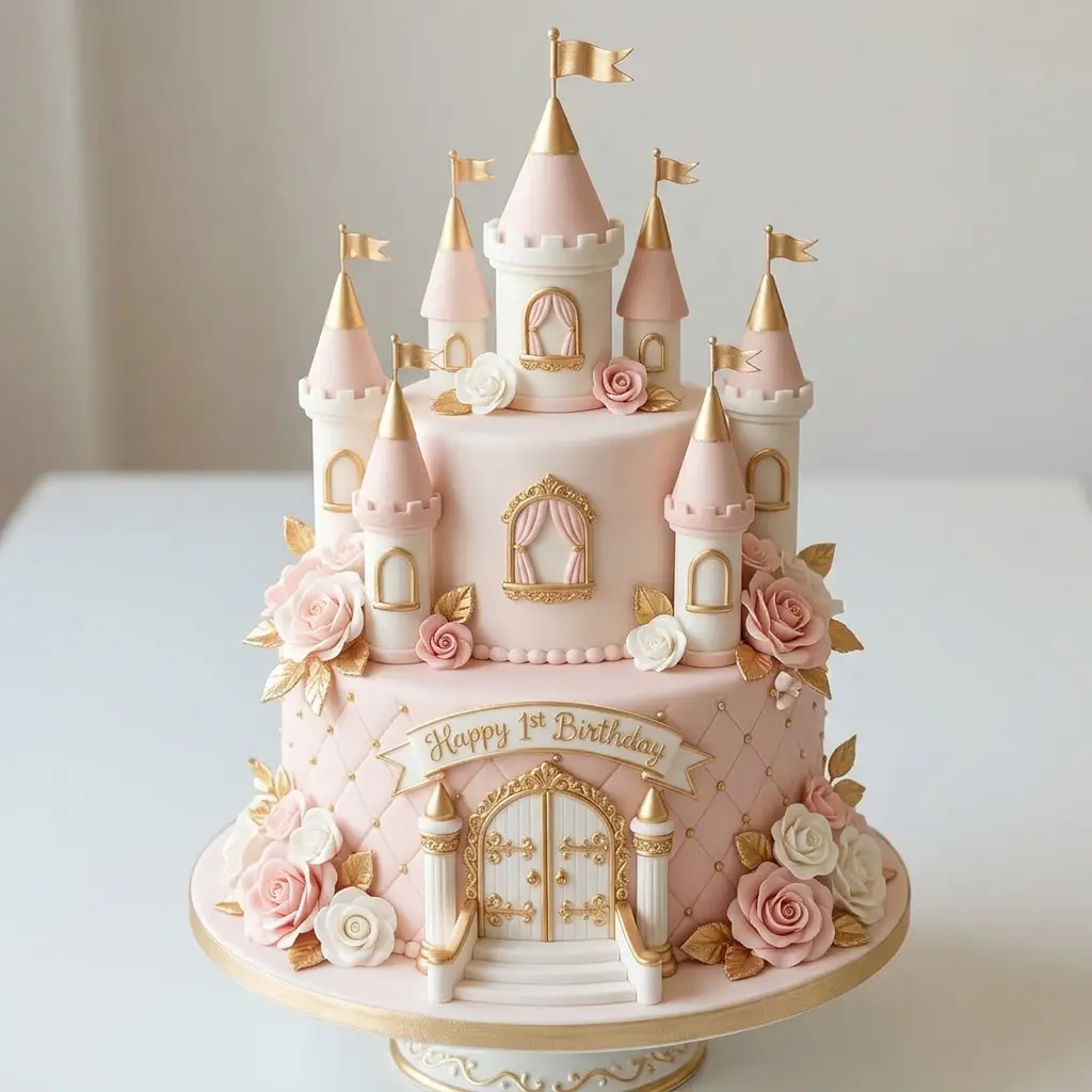 Pink and Gold Castle Cake - Birthday Cake Ideas For 1 Year Old Girls