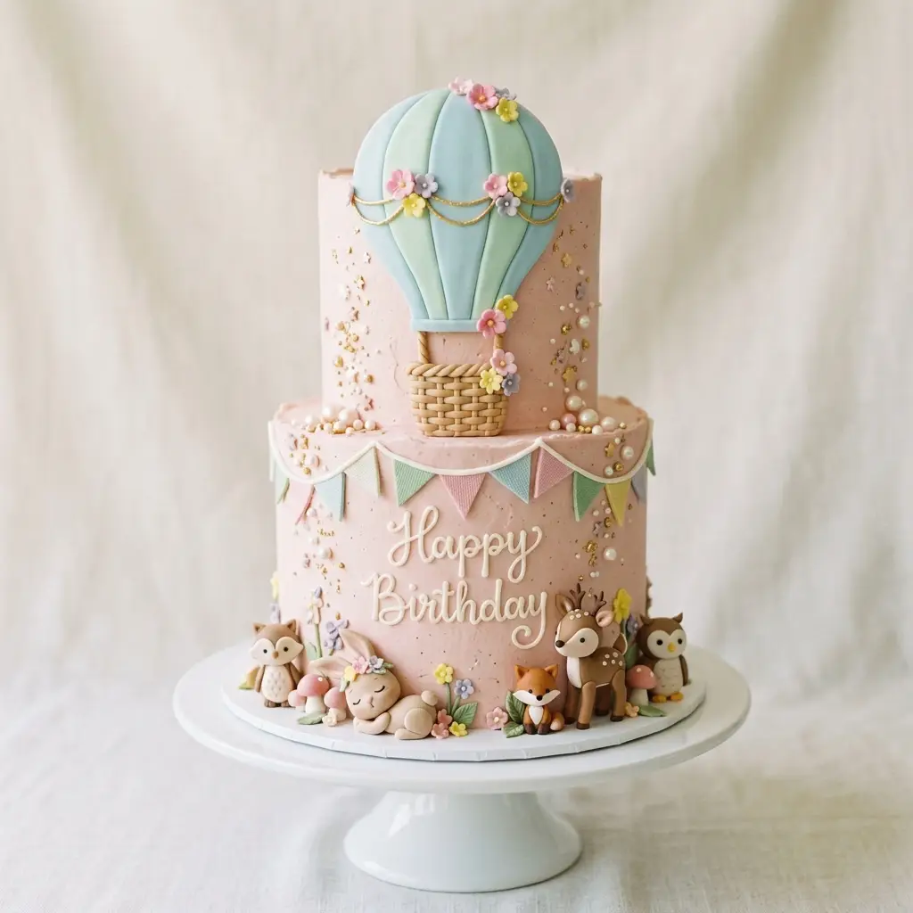Pink Hot Air Balloon Woodland Cake - Birthday Cake Ideas For 1 Year Old Girls