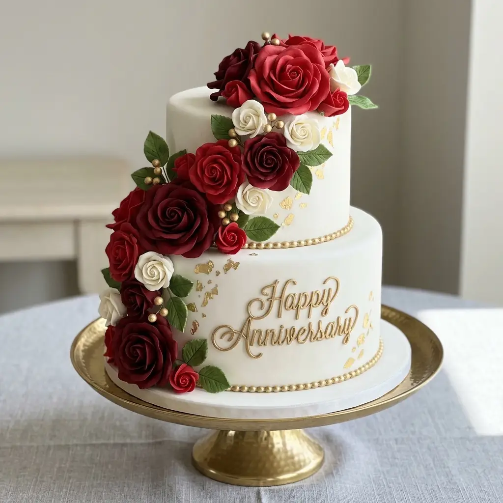 Red and White Rose Cascade Cake - Wedding Anniversary Cake Ideas