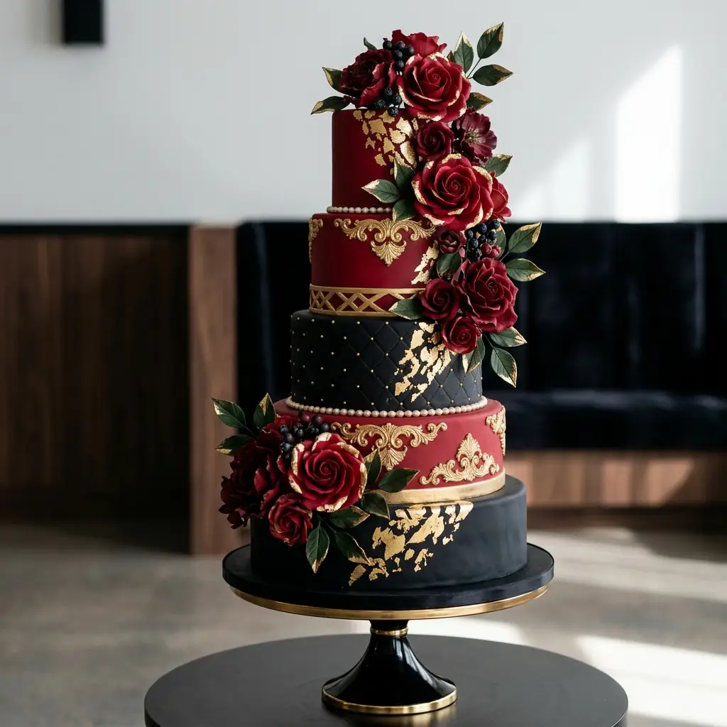 Red, Black and Gold Baroque Roses - Wedding Cake Ideas
