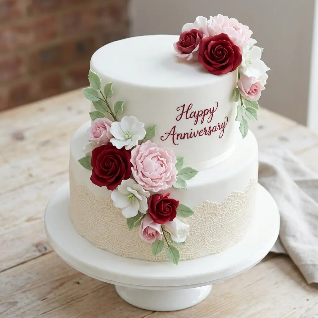 Red Rose Lace Cake - Wedding Anniversary Cake Ideas