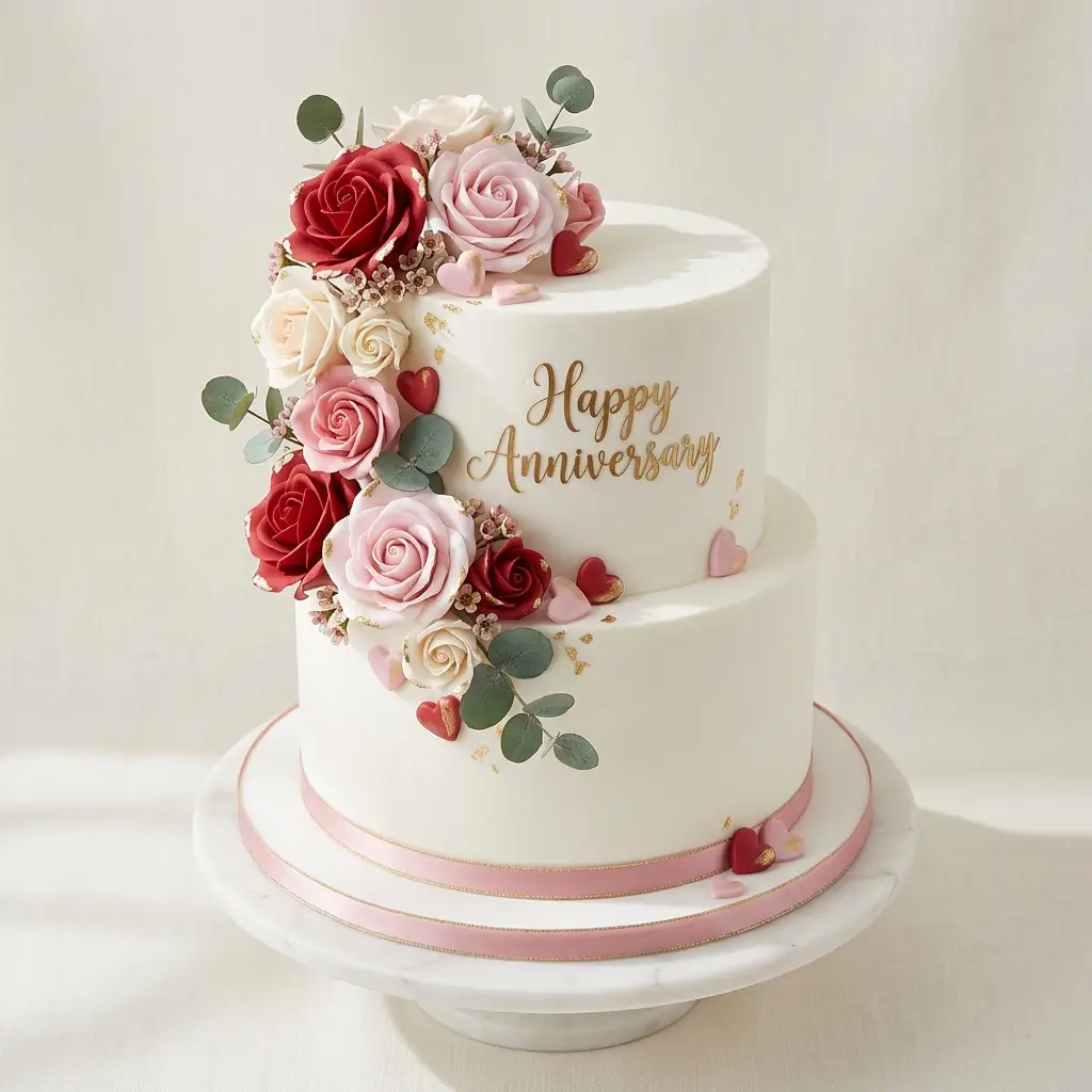Rose and Hearts Cake - Wedding Anniversary Cake Ideas