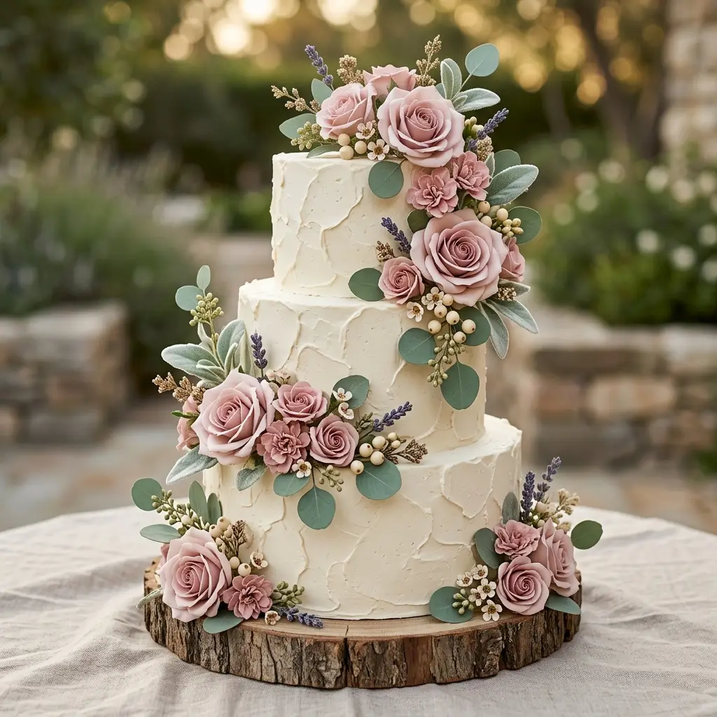 Rustic Dusty Rose on Wood Slab - Wedding Cake Ideas