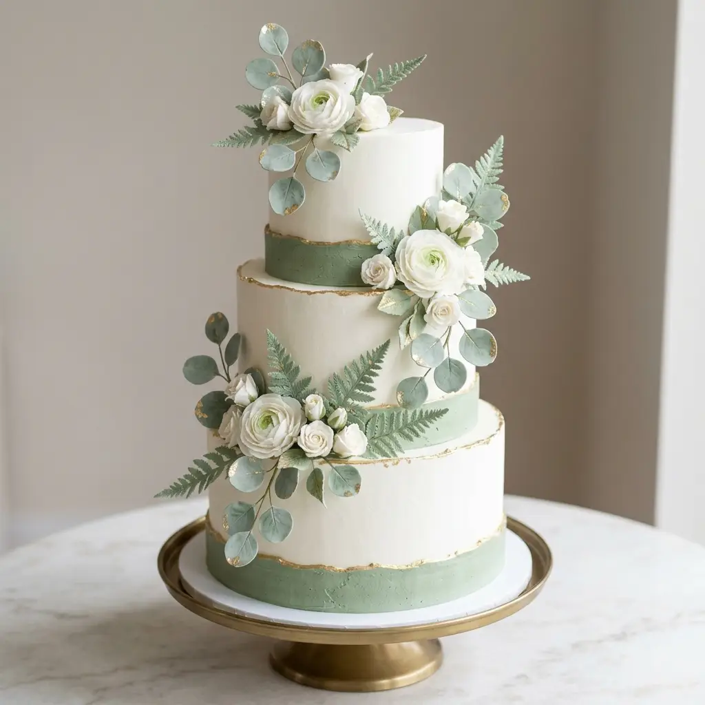 Sage Green and White Ranunculus - Wedding Cake Ideas