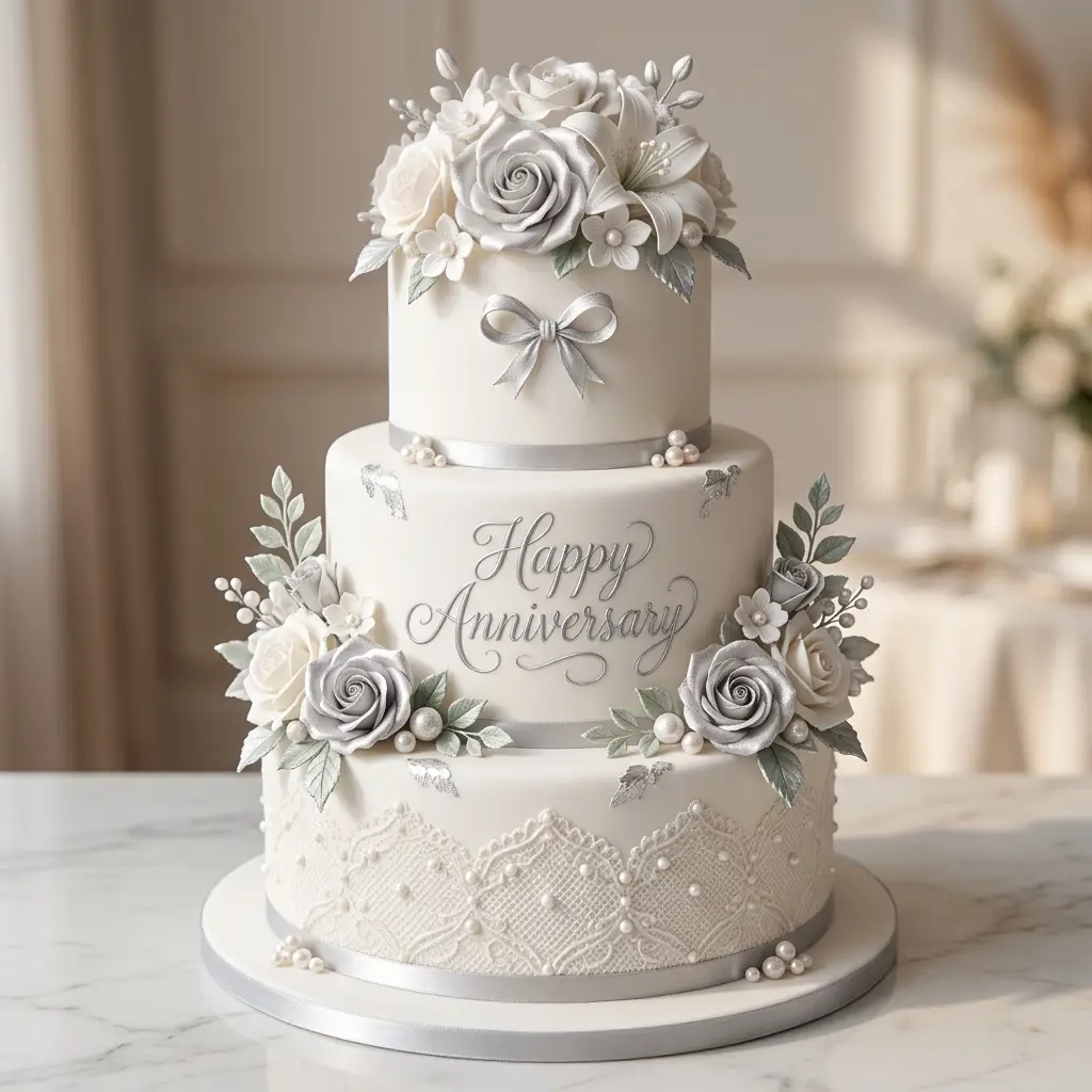 Silver Anniversary Rose Cake - Wedding Anniversary Cake Ideas