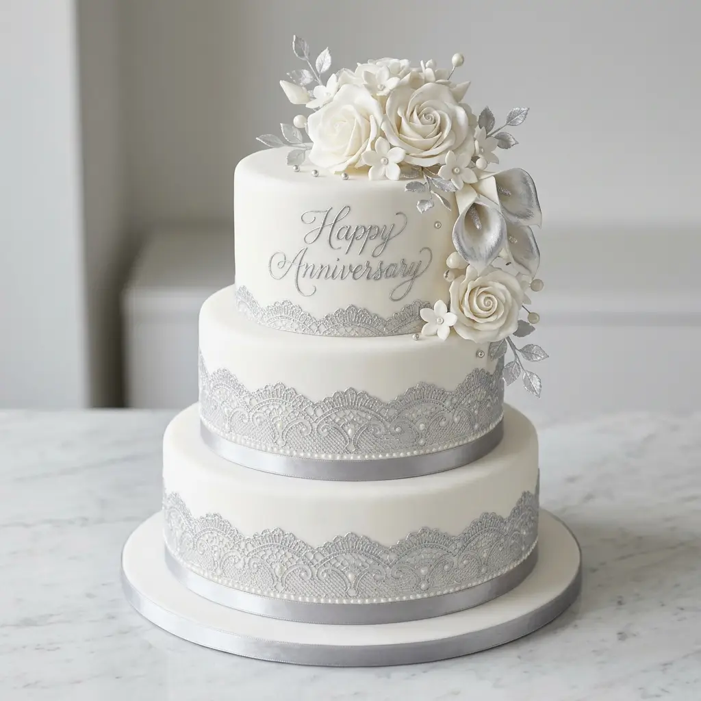 Silver Lace White Rose Cake - Wedding Anniversary Cake Ideas