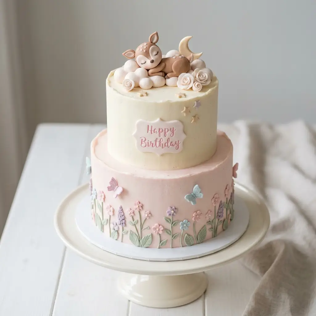 Sleeping Fawn and Moon Cake - Birthday Cake Ideas For 1 Year Old Girls