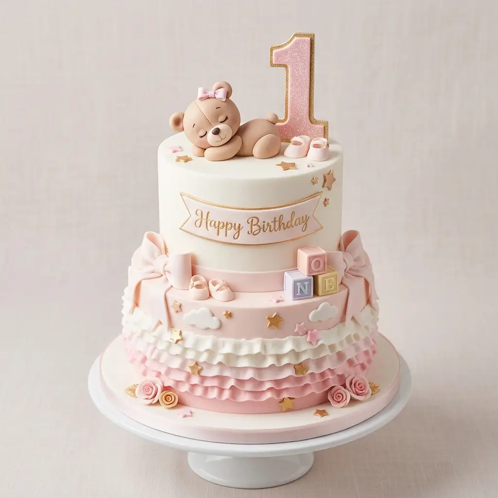 Sleeping Teddy Bear Ruffle Cake - Birthday Cake Ideas For 1 Year Old Girls