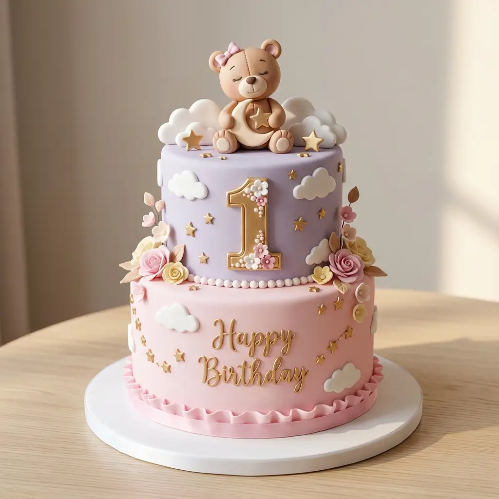 Teddy Bear Clouds and Stars Cake - Birthday Cake Ideas For 1 Year Old Girls