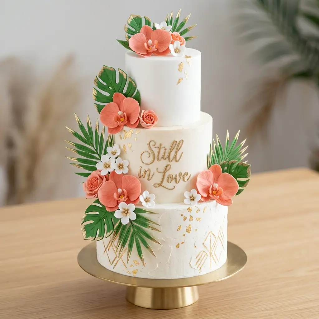 Tropical Coral Orchid Cake - Wedding Anniversary Cake Ideas