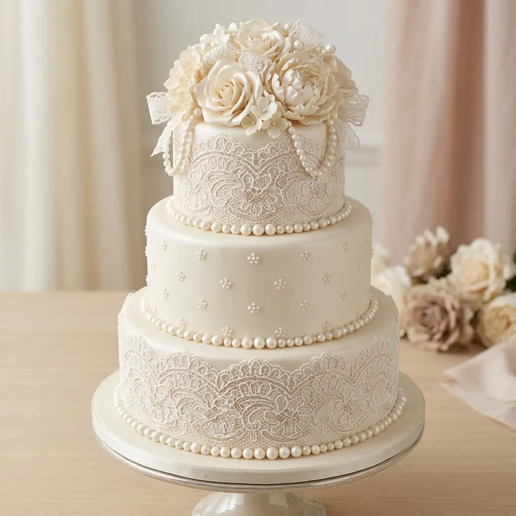 Vintage Lace and Pearls - Wedding Cake Ideas