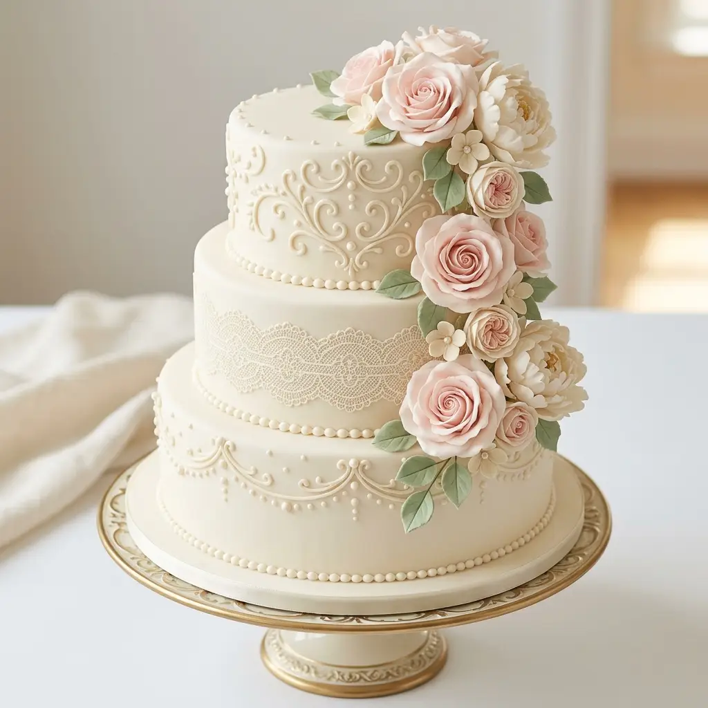 Vintage Piping and Blush Roses - Wedding Cake Ideas