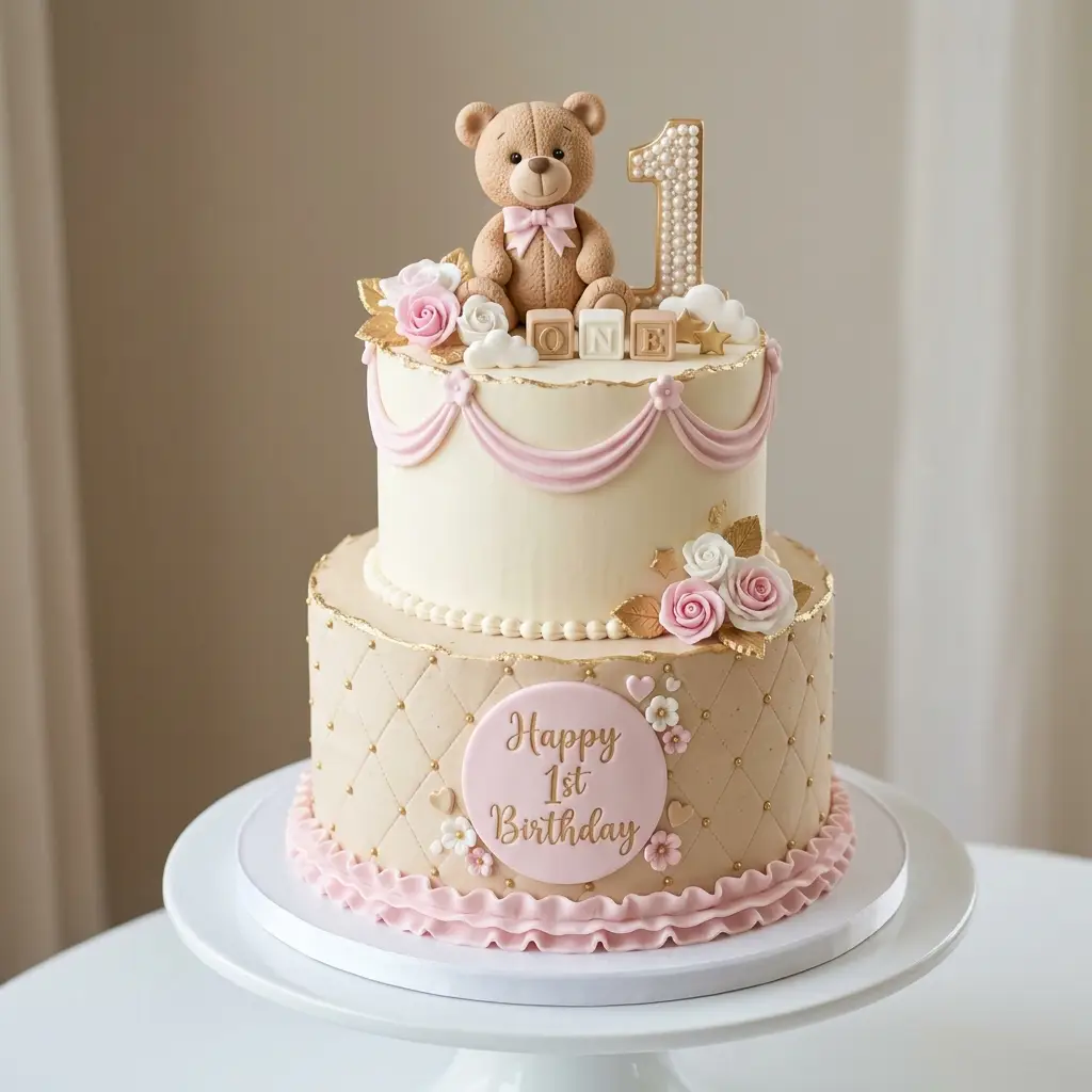 Vintage Teddy Bear Drape Cake - Birthday Cake Ideas For 1 Year Old Girls