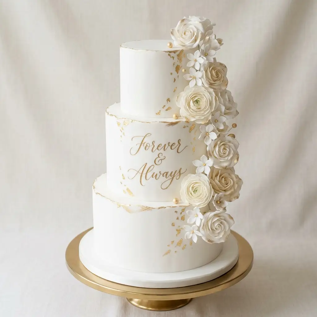 White and Gold Rose Cascade Cake - Wedding Anniversary Cake Ideas