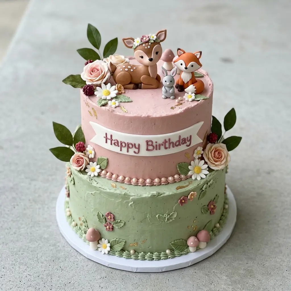 Woodland Deer and Fox Cake - Birthday Cake Ideas For 1 Year Old Girls