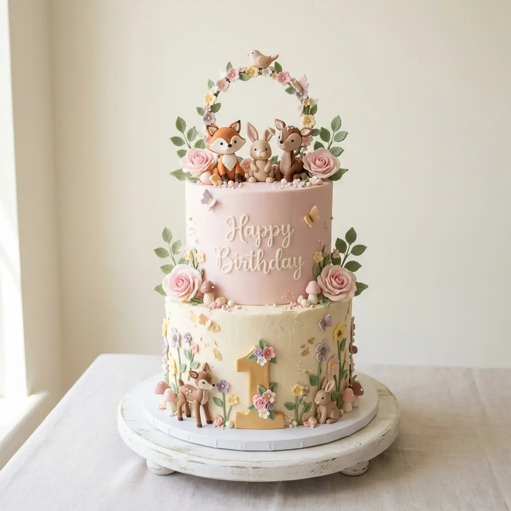 Woodland Friends Floral Arch Cake - Birthday Cake Ideas For 1 Year Old Girls